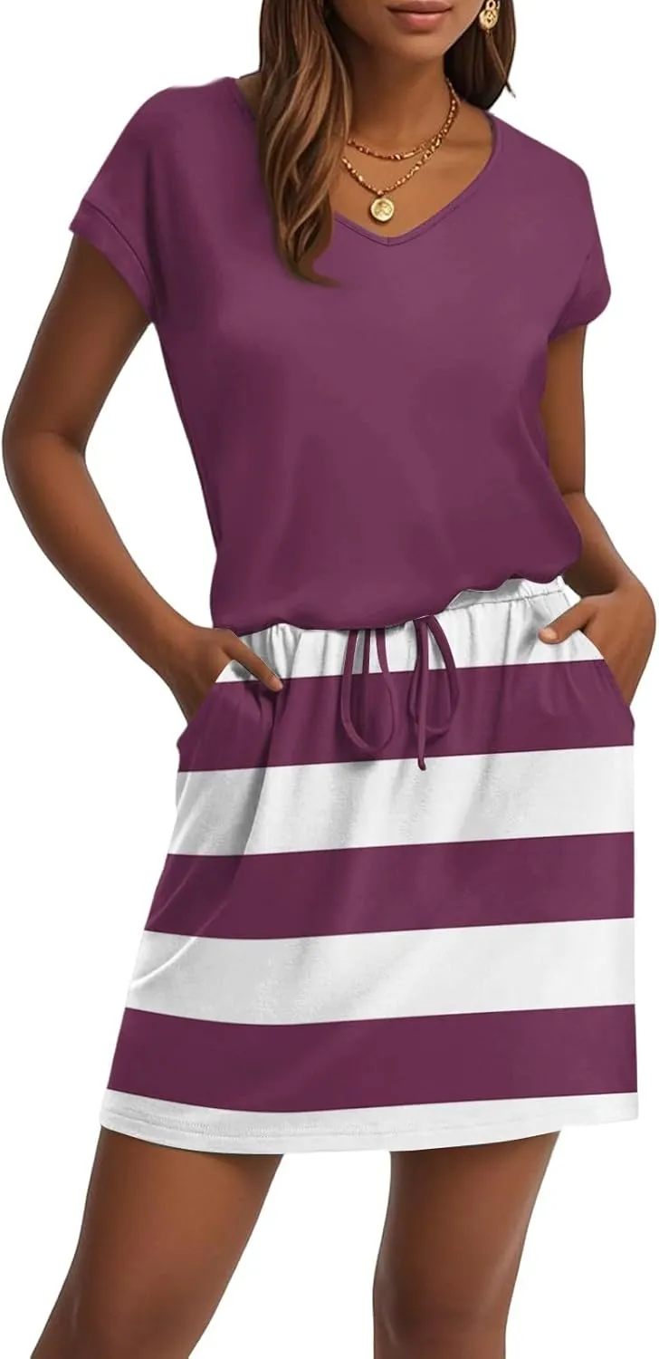 Womens Summer Dresses V Neck Short Sleeve Tshirt Dress Drawstring Cinched Waist Mini Dress A Line Casual Dresses 2025
