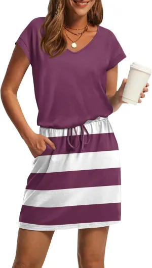 Womens Summer Dresses V Neck Short Sleeve Tshirt Dress Drawstring Cinched Waist Mini Dress A Line Casual Dresses 2025