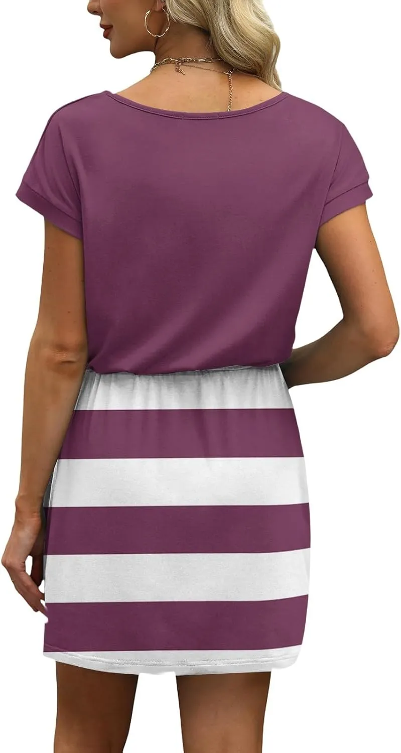 Womens Summer Dresses V Neck Short Sleeve Tshirt Dress Drawstring Cinched Waist Mini Dress A Line Casual Dresses 2025