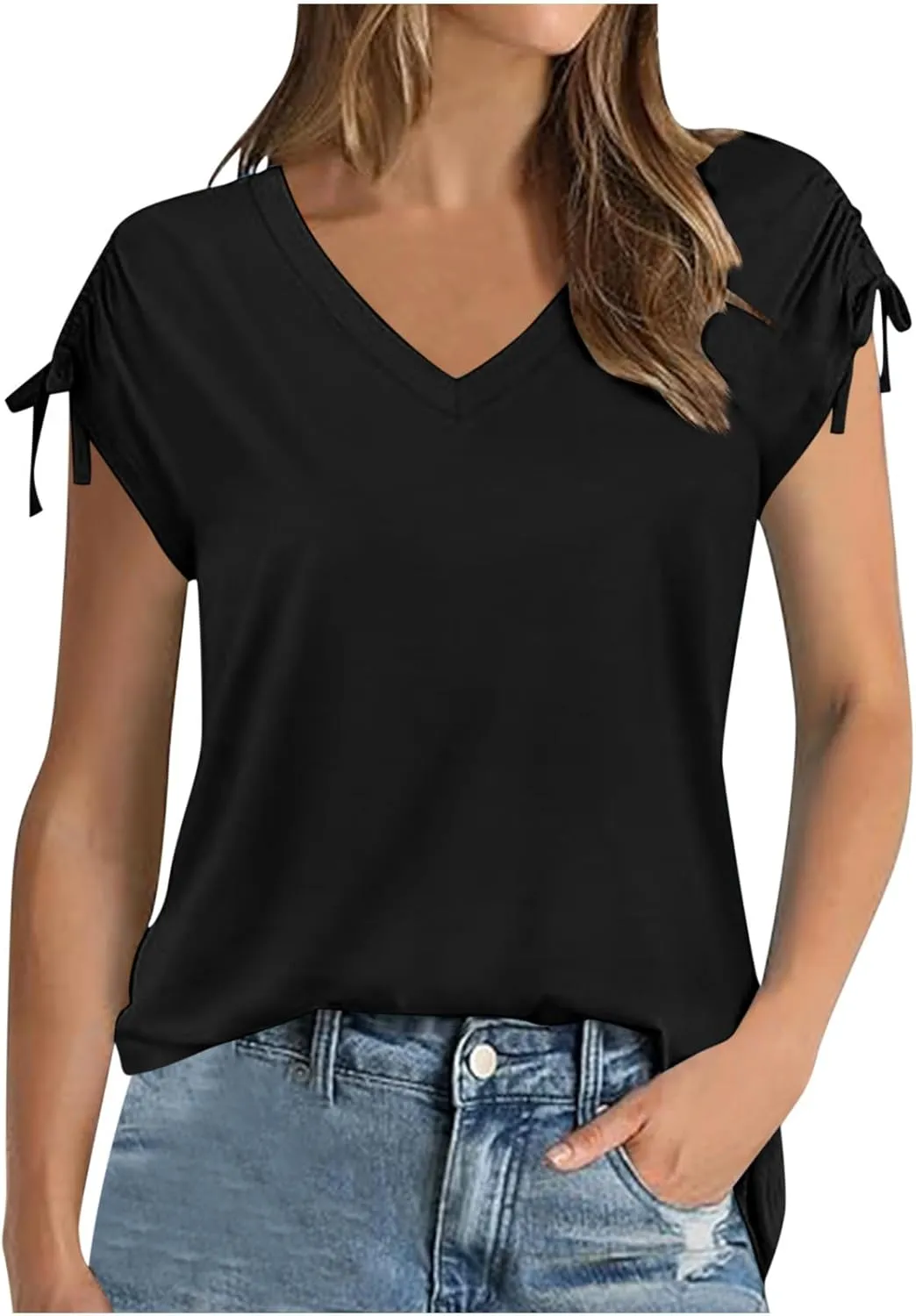 Womens Summer Tops Spring Drawstring Shirts Trendy Vacation Outfits Short Sleeve Tshirts Fashion Casual Blouses