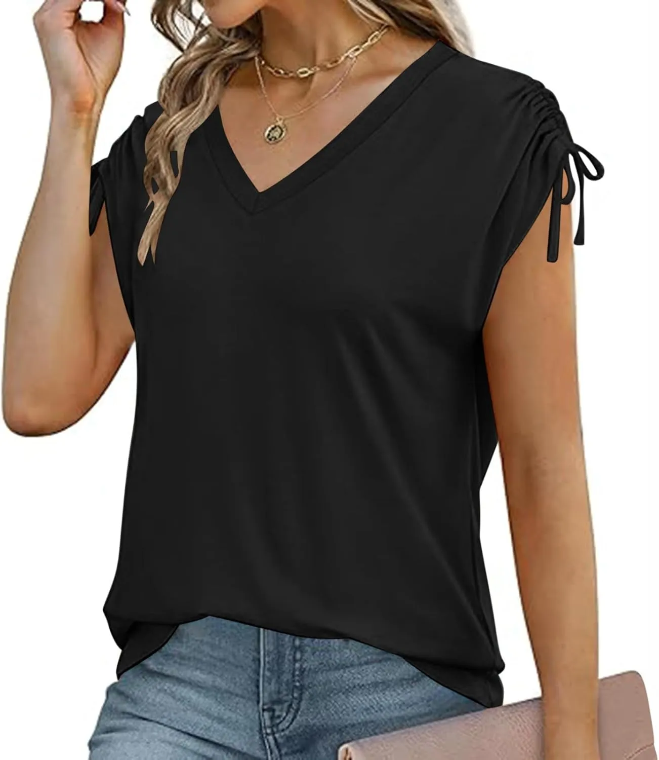 Womens Summer Tops Spring Drawstring Shirts Trendy Vacation Outfits Short Sleeve Tshirts Fashion Casual Blouses