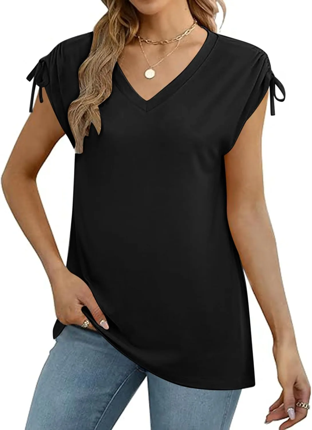 Womens Summer Tops Spring Drawstring Shirts Trendy Vacation Outfits Short Sleeve Tshirts Fashion Casual Blouses