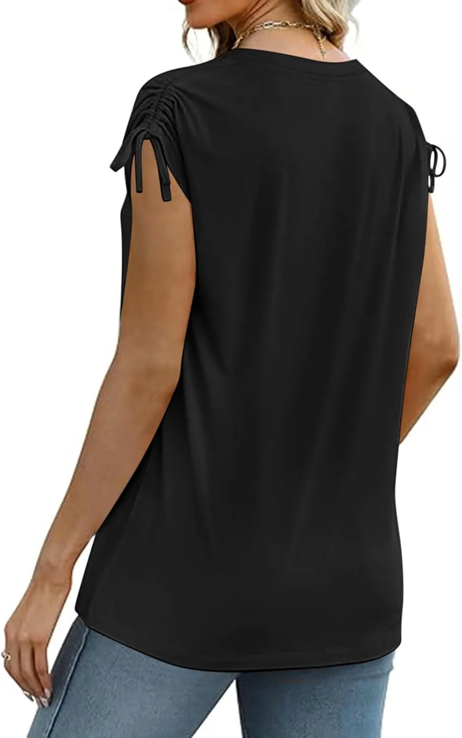 Womens Summer Tops Spring Drawstring Shirts Trendy Vacation Outfits Short Sleeve Tshirts Fashion Casual Blouses