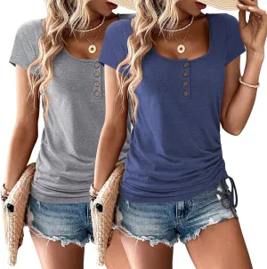 Womens T Shirts 2 Pack Summer Tops for Women 2025,Short Sleeve U Neck Henley Tee for Women's Loose Button Trendy