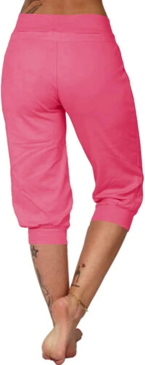 Womens Tapered Sweatpants Solid Color Elastic Waist Drawstring Capri Pants Running Yoga Trousers with Pockets