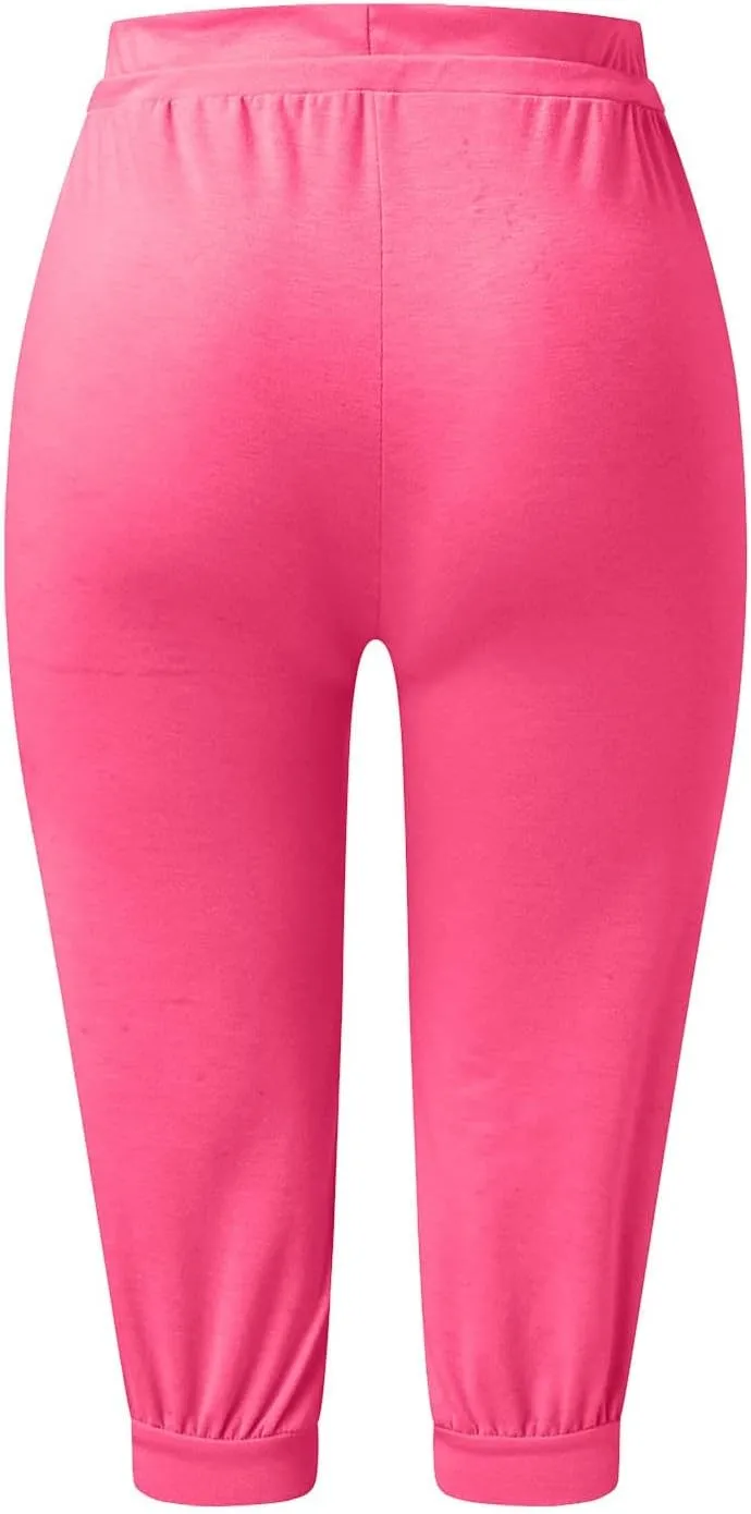 Womens Tapered Sweatpants Solid Color Elastic Waist Drawstring Capri Pants Running Yoga Trousers with Pockets