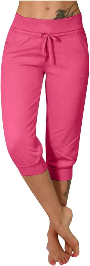 Womens Tapered Sweatpants Solid Color Elastic Waist Drawstring Capri Pants Running Yoga Trousers with Pockets
