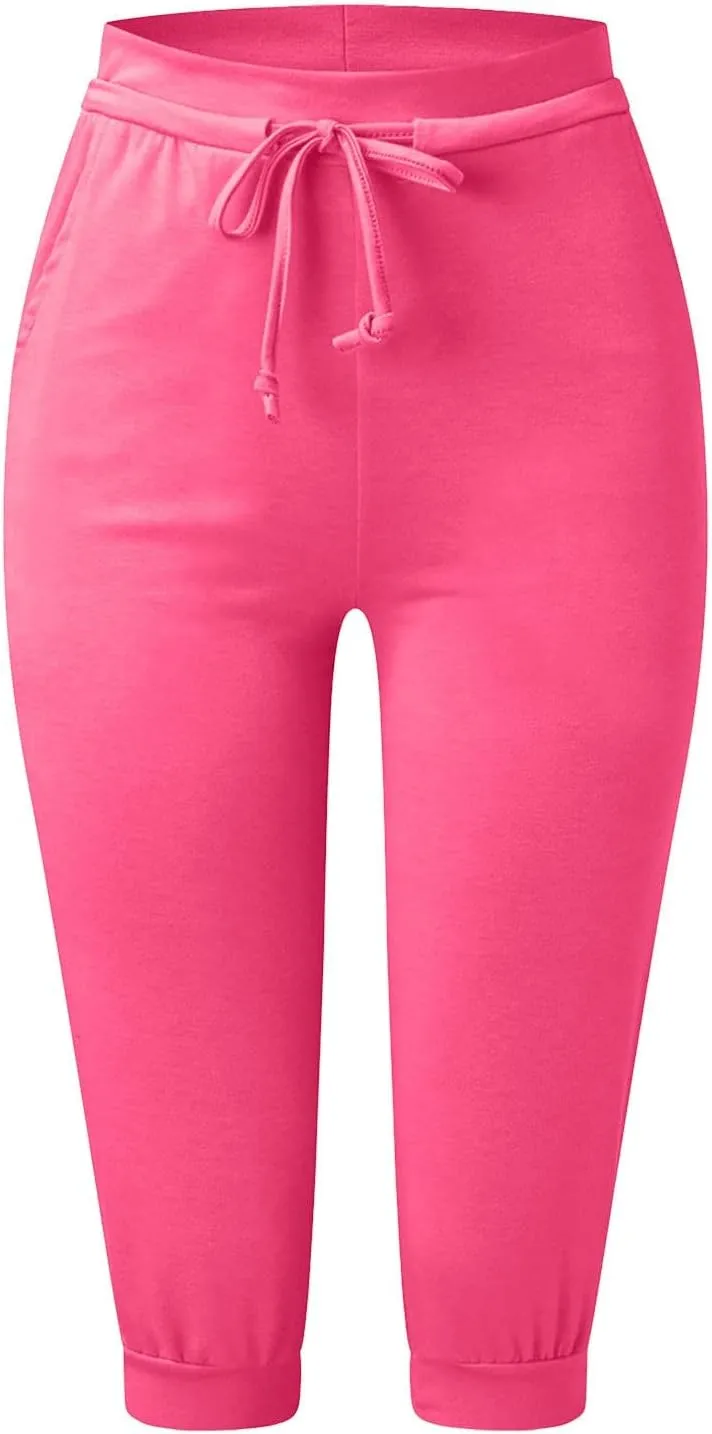 Womens Tapered Sweatpants Solid Color Elastic Waist Drawstring Capri Pants Running Yoga Trousers with Pockets