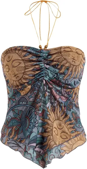 Women's Tribal Pattern Asymmetrical Hem Tie Halter Backless Tops Boho Ruched Sleeveless Cami Tops