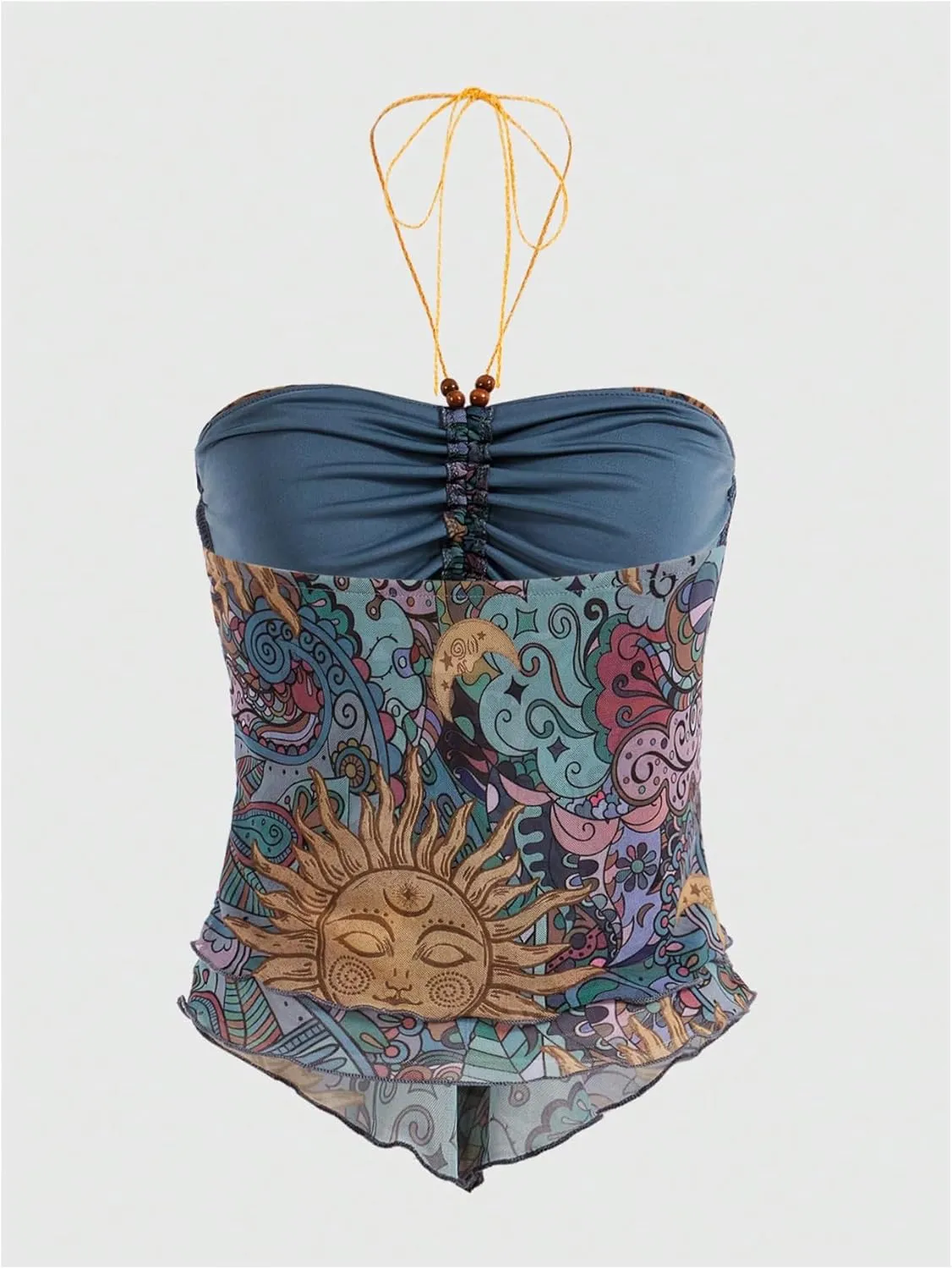 Women's Tribal Pattern Asymmetrical Hem Tie Halter Backless Tops Boho Ruched Sleeveless Cami Tops
