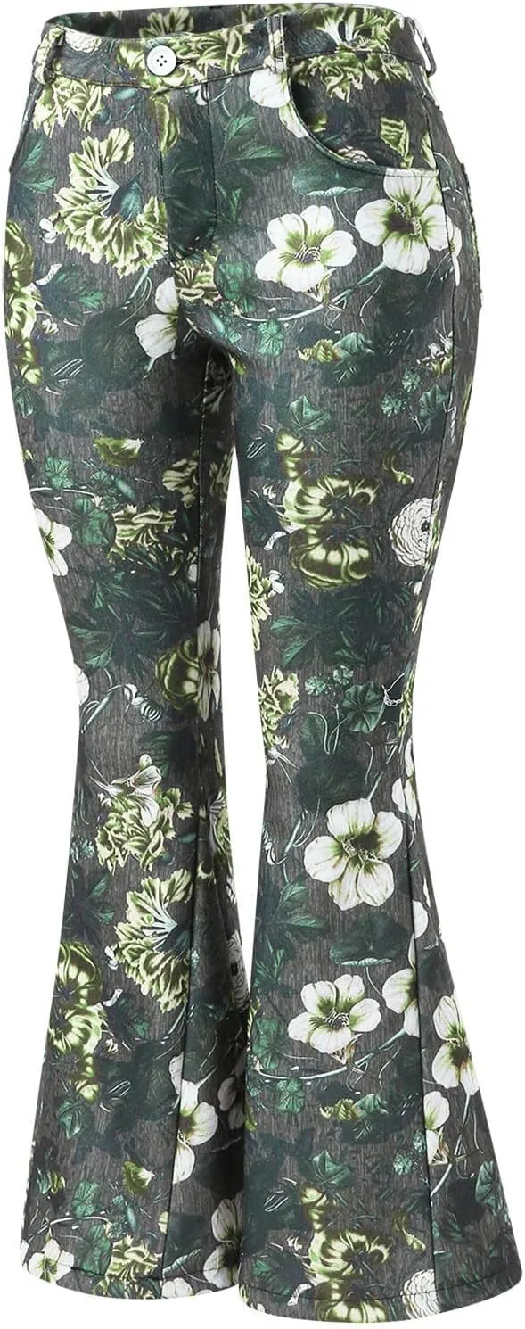 Womens Vintage Floral Print Flare Denim Pants Bell Bottom Jeans Curvy Slim Fit Butt Lifting Denim Skinny Jeans