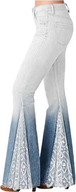 Womens Vintage Floral Print Flare Denim Pants Bell Bottom Jeans Curvy Slim Fit Butt Lifting Denim Skinny Jeans