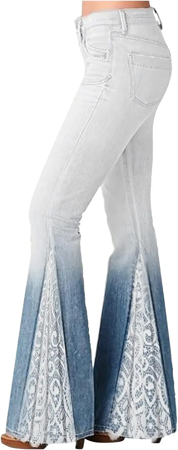 Womens Vintage Floral Print Flare Denim Pants Bell Bottom Jeans Curvy Slim Fit Butt Lifting Denim Skinny Jeans