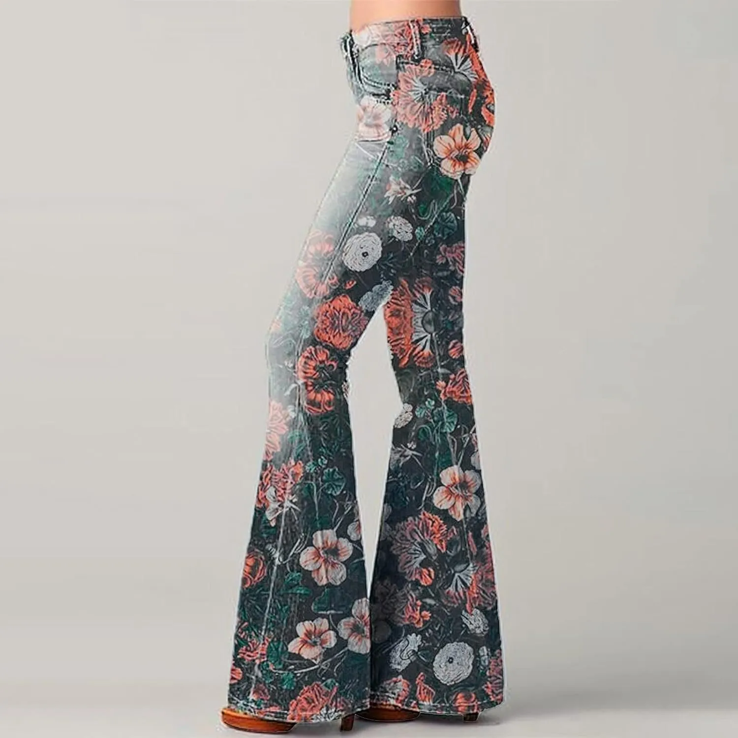 Womens Vintage Floral Print Flare Denim Pants Bell Bottom Jeans Curvy Slim Fit Butt Lifting Denim Skinny Jeans