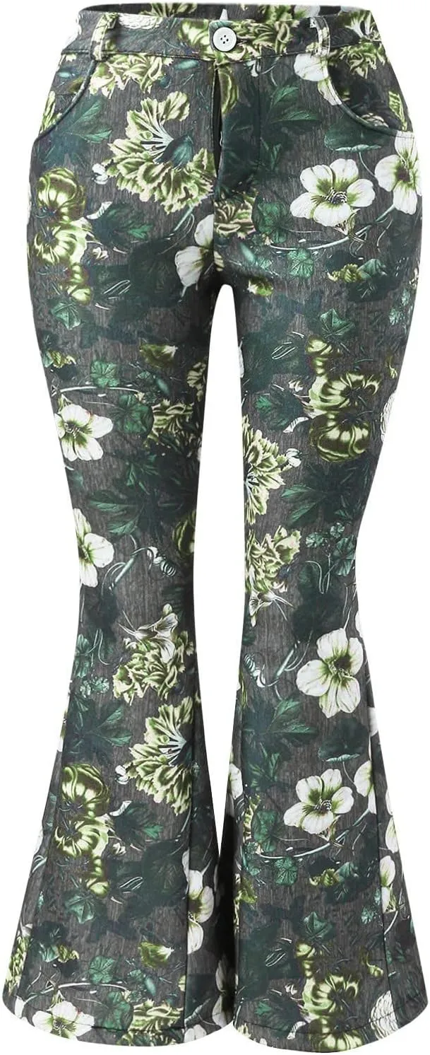 Womens Vintage Floral Print Flare Denim Pants Bell Bottom Jeans Curvy Slim Fit Butt Lifting Denim Skinny Jeans