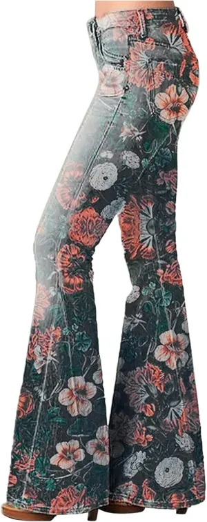 Womens Vintage Floral Print Flare Denim Pants Bell Bottom Jeans Curvy Slim Fit Butt Lifting Denim Skinny Jeans