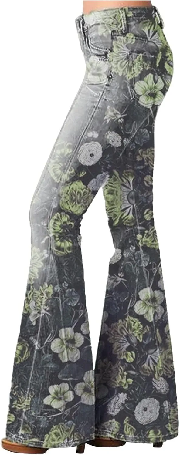 Womens Vintage Floral Print Flare Denim Pants Bell Bottom Jeans Curvy Slim Fit Butt Lifting Denim Skinny Jeans