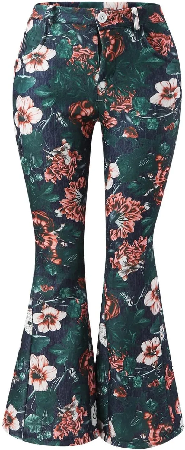 Womens Vintage Floral Print Flare Denim Pants Bell Bottom Jeans Curvy Slim Fit Butt Lifting Denim Skinny Jeans