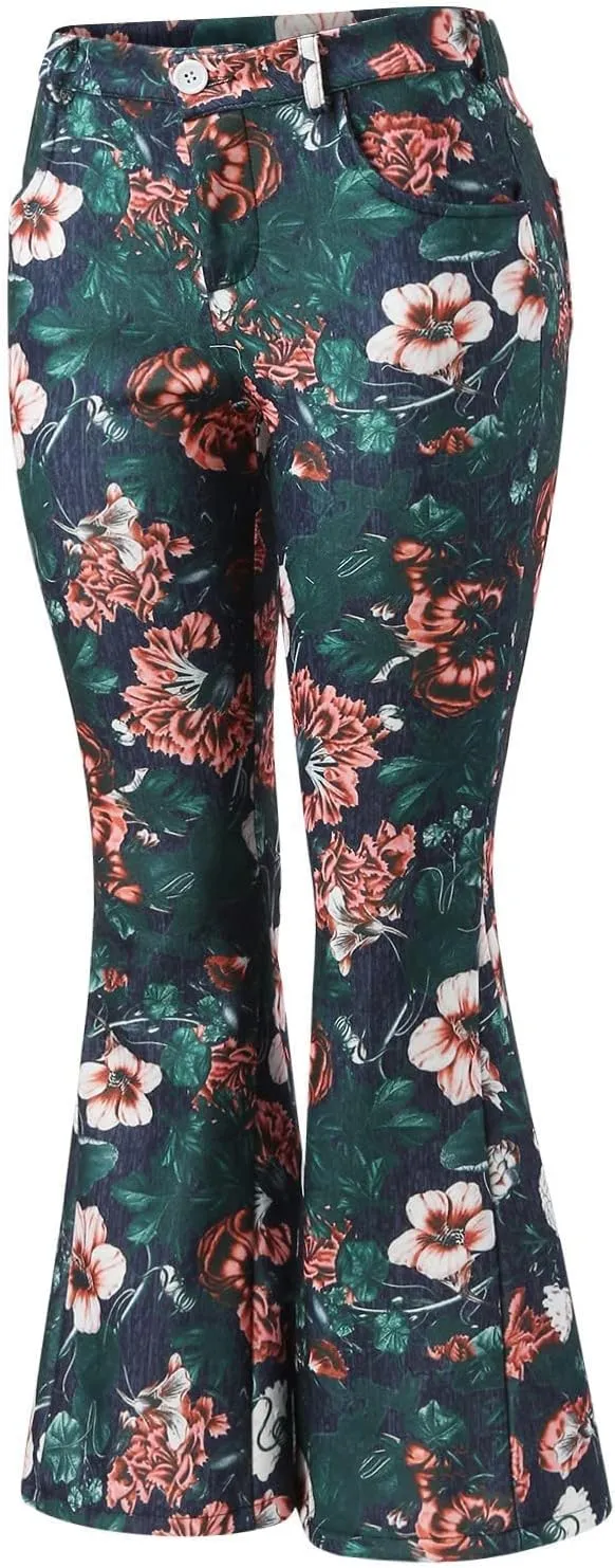 Womens Vintage Floral Print Flare Denim Pants Bell Bottom Jeans Curvy Slim Fit Butt Lifting Denim Skinny Jeans