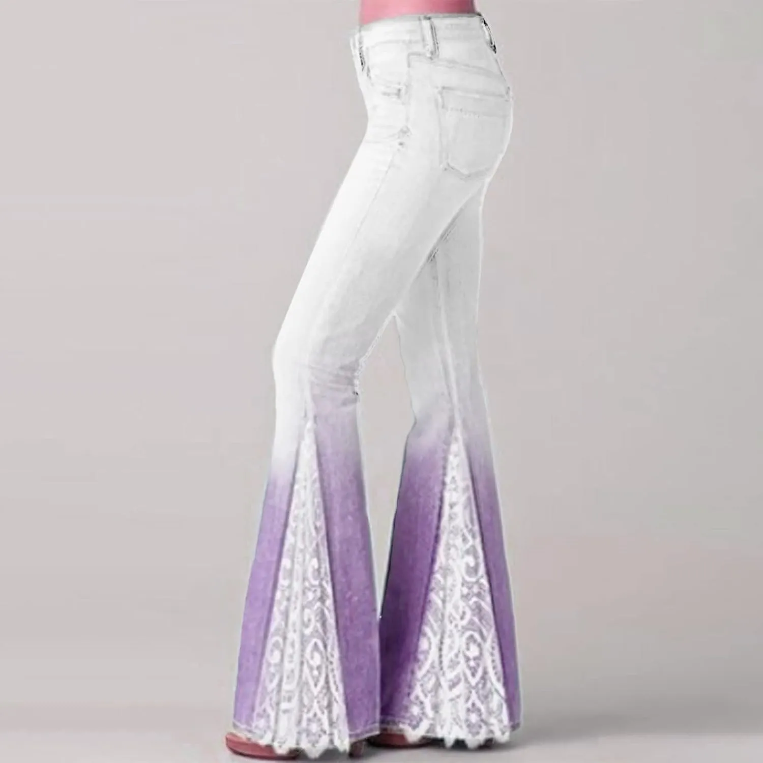 Womens Vintage Floral Print Flare Denim Pants Bell Bottom Jeans Curvy Slim Fit Butt Lifting Denim Skinny Jeans