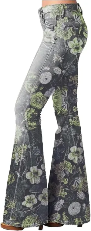 Womens Vintage Floral Print Flare Denim Pants Bell Bottom Jeans Curvy Slim Fit Butt Lifting Denim Skinny Jeans