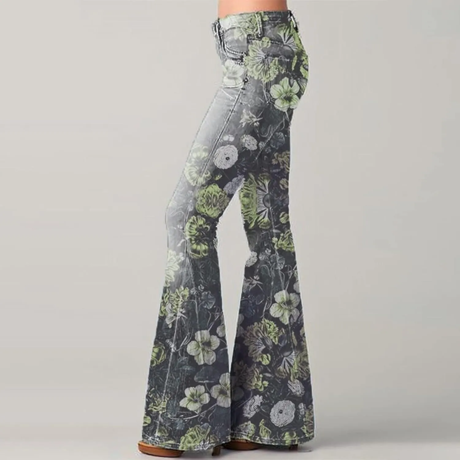 Womens Vintage Floral Print Flare Denim Pants Bell Bottom Jeans Curvy Slim Fit Butt Lifting Denim Skinny Jeans
