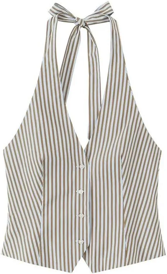 Women's Vintage Striped Halter Waistcoat Vest Adjustable Tie Backless Summer Tops Single-Breasted Retro Vest