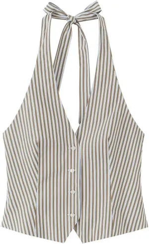 Women's Vintage Striped Halter Waistcoat Vest Adjustable Tie Backless Summer Tops Single-Breasted Retro Vest