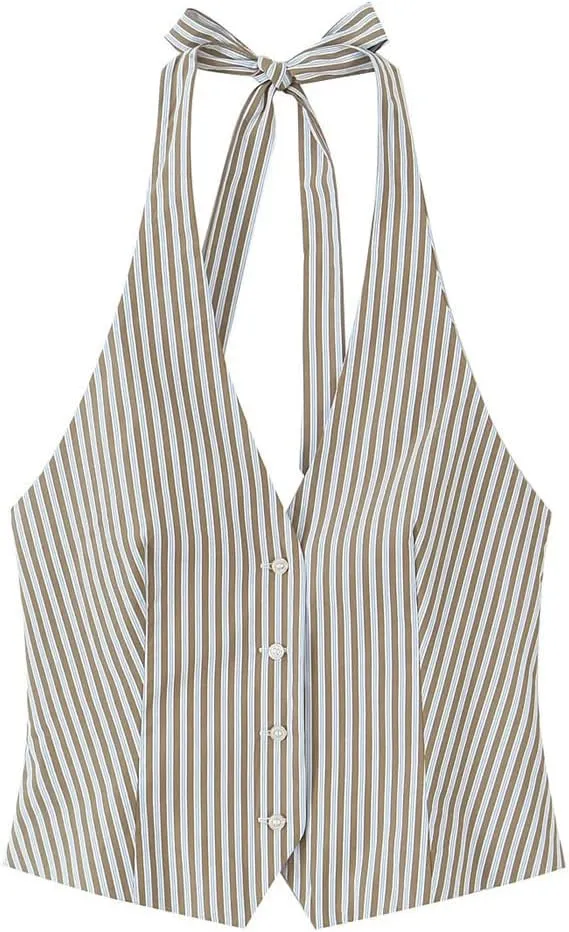 Women's Vintage Striped Halter Waistcoat Vest Adjustable Tie Backless Summer Tops Single-Breasted Retro Vest