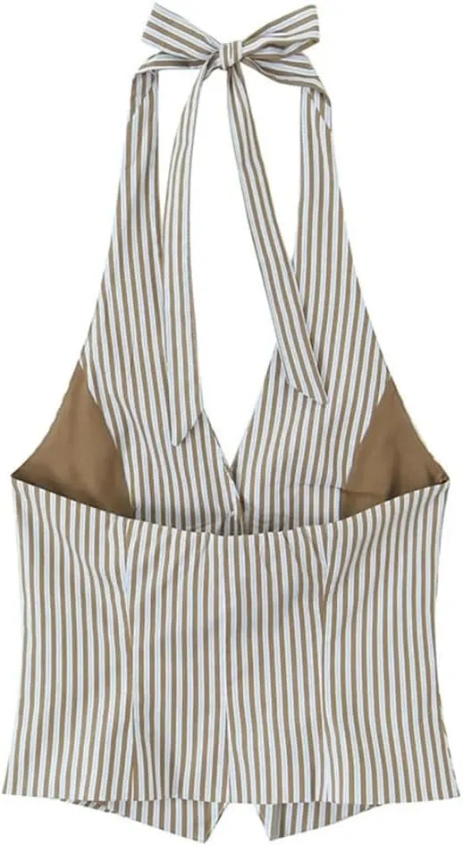 Women's Vintage Striped Halter Waistcoat Vest Adjustable Tie Backless Summer Tops Single-Breasted Retro Vest