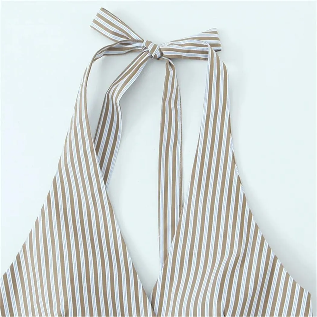 Women's Vintage Striped Halter Waistcoat Vest Adjustable Tie Backless Summer Tops Single-Breasted Retro Vest