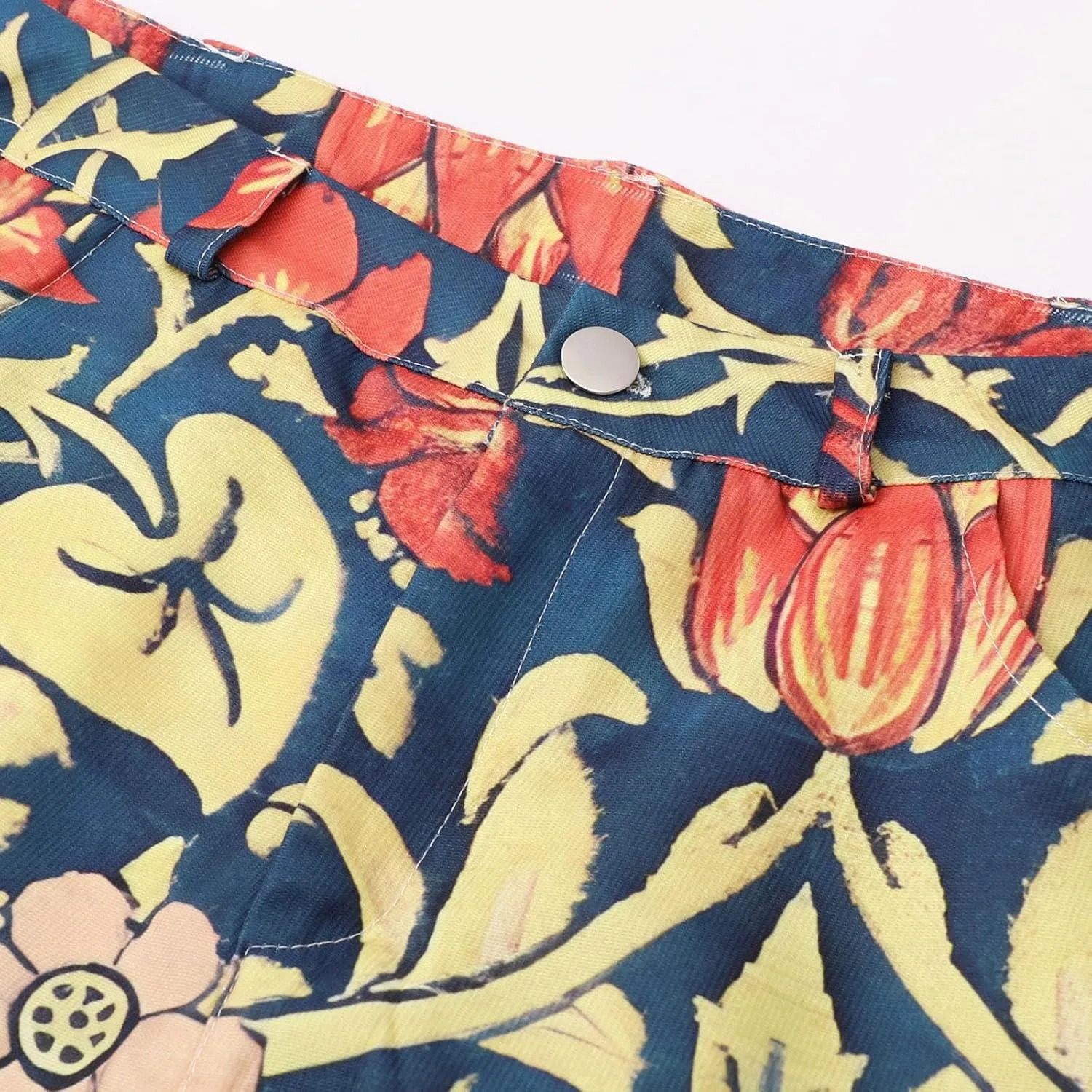 Womens Vintage Wide Leg Fashion High Waisted Casual Denim Pants 90s Floral Printed Pull On Baggy Trousers 2