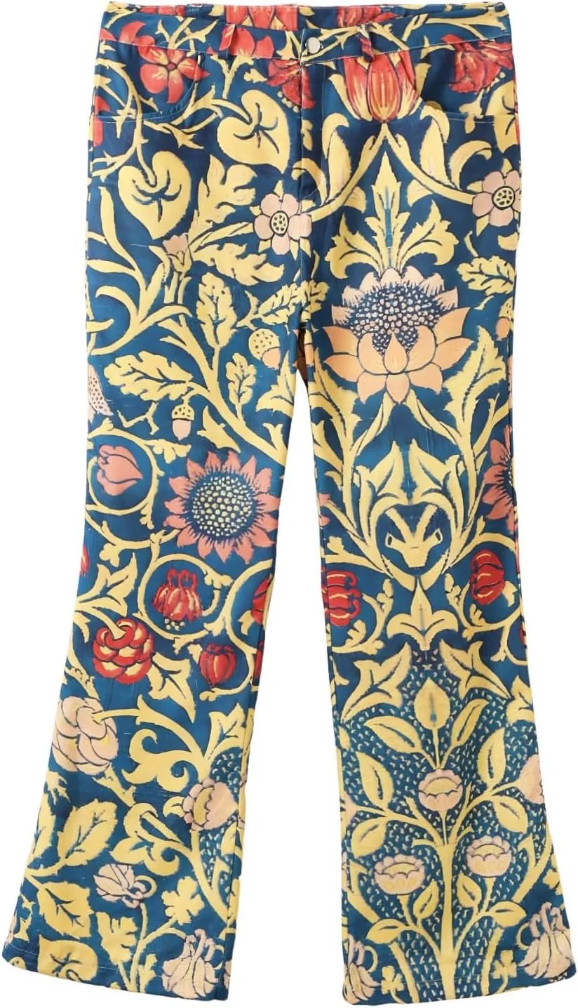 Womens Vintage Wide Leg Fashion High Waisted Casual Denim Pants 90s Floral Printed Pull On Baggy Trousers 2