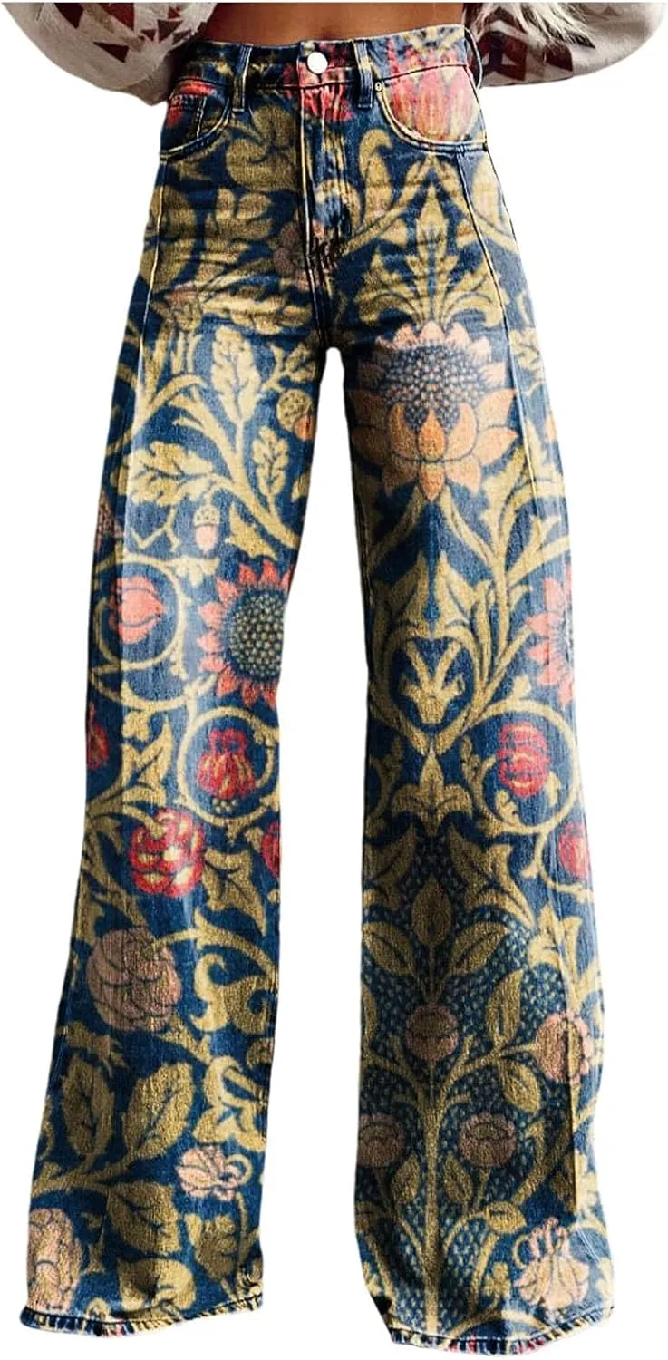 Womens Vintage Wide Leg Fashion High Waisted Casual Denim Pants 90s Floral Printed Pull On Baggy Trousers 2