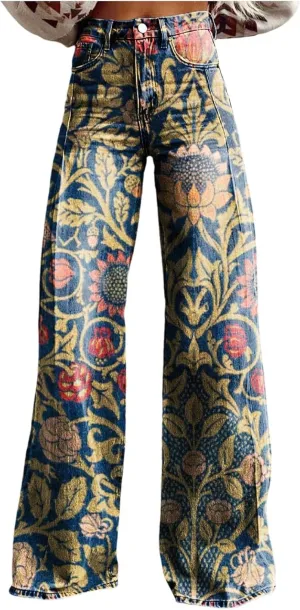 Womens Vintage Wide Leg Fashion High Waisted Casual Denim Pants 90s Floral Printed Pull On Baggy Trousers 2