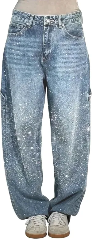 Women's Wide Leg Baggy Jeans Elastic Low Rise Barrel Jean Loose Y2K Boyfriend Denim Cropped Pants with Drawstring