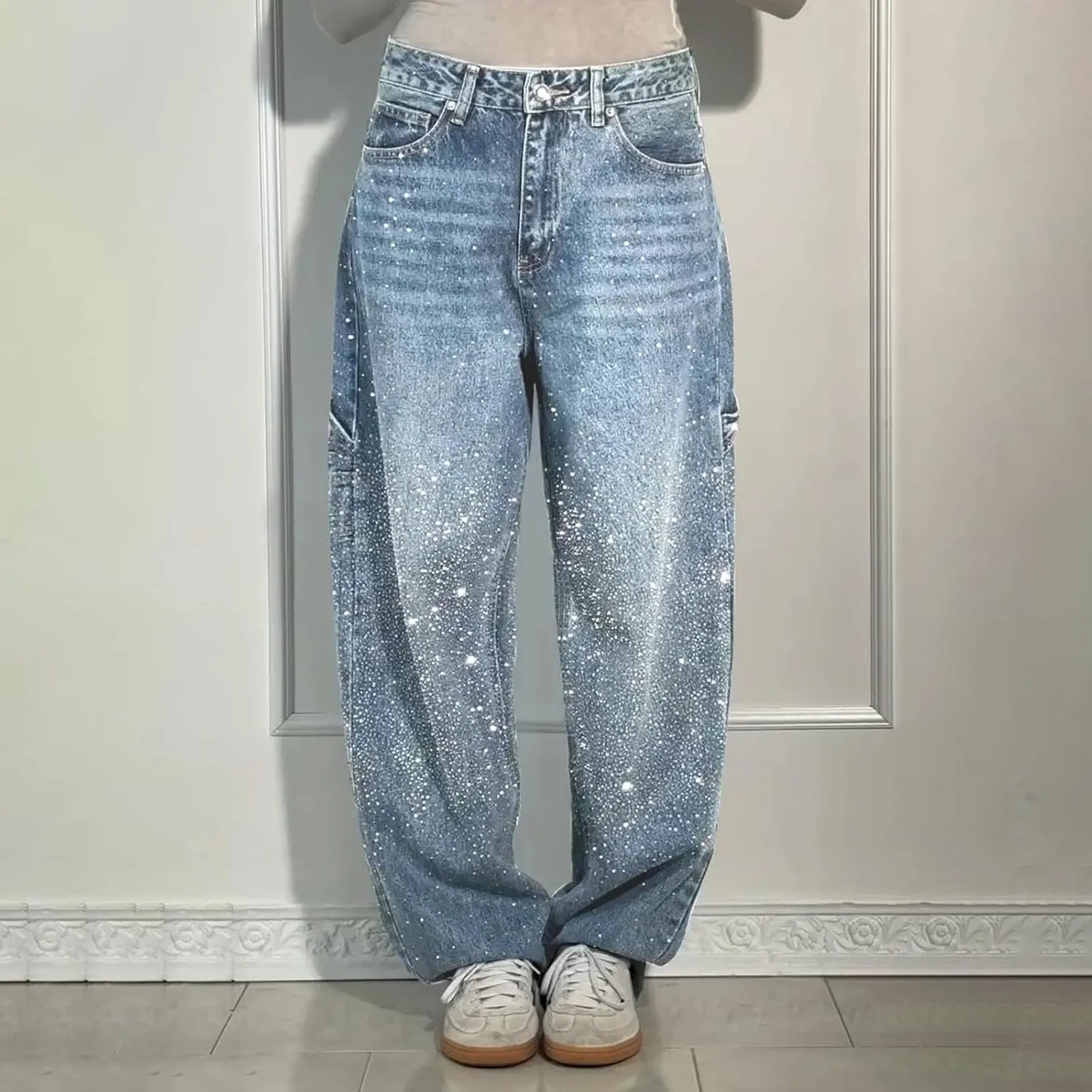 Women's Wide Leg Baggy Jeans Elastic Low Rise Barrel Jean Loose Y2K Boyfriend Denim Cropped Pants with Drawstring