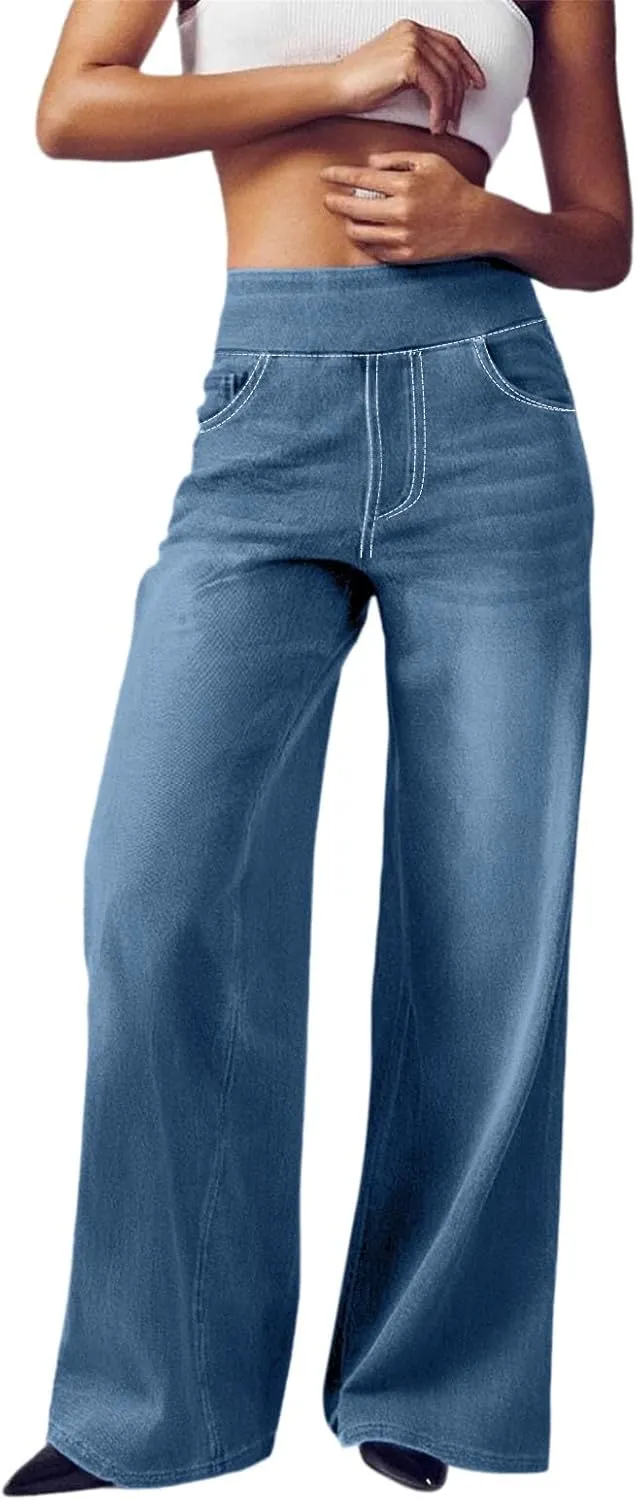 Women's Wide Leg Jeans High Waisted Baggy Stretchy Straight Leg Jeans Loose Trendy Denim Pants with Pocket