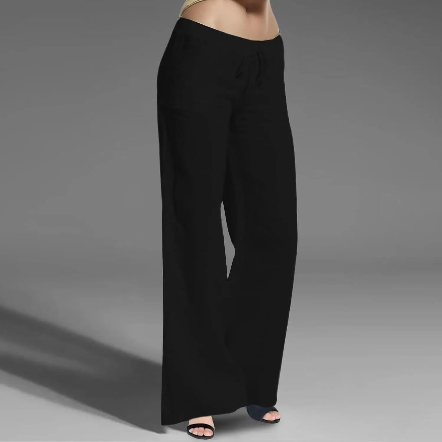 Women's Wide Leg Linen Pants Dressy Elastic High Waisted Palazzo Pant Yoga Pleated Trousers with Pocket