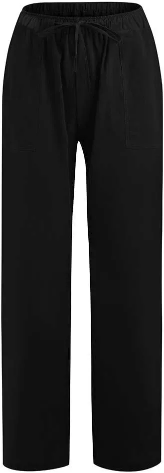 Women's Wide Leg Linen Pants Dressy Elastic High Waisted Palazzo Pant Yoga Pleated Trousers with Pocket