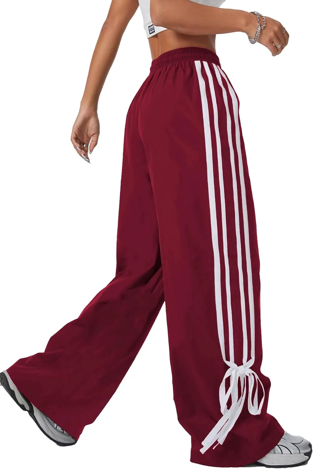 Women's Y2K Baggy Bow Wide Leg Pants Striped Track Elastic Waist Long Sweatpants Parachute Pants