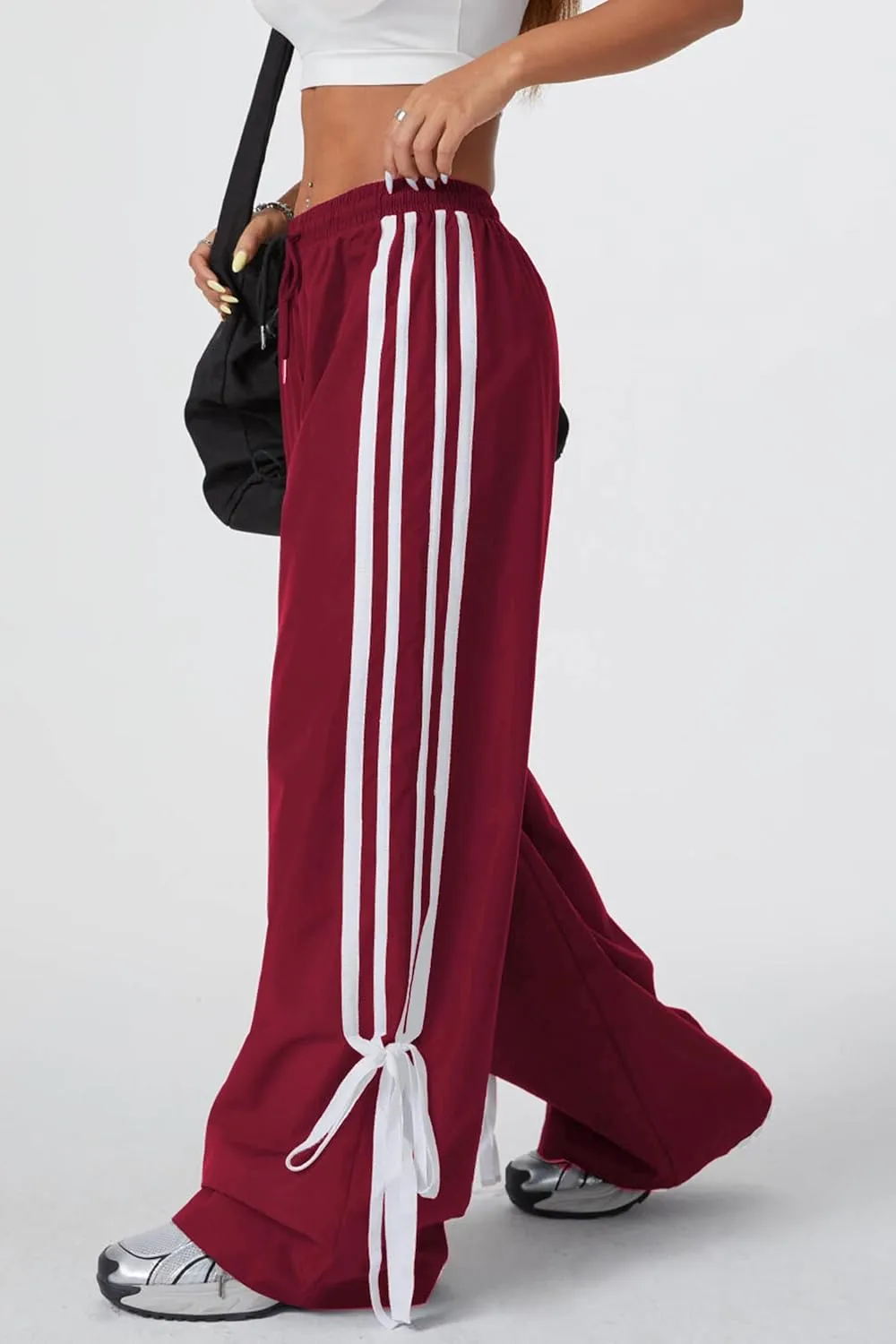 Women's Y2K Baggy Bow Wide Leg Pants Striped Track Elastic Waist Long Sweatpants Parachute Pants