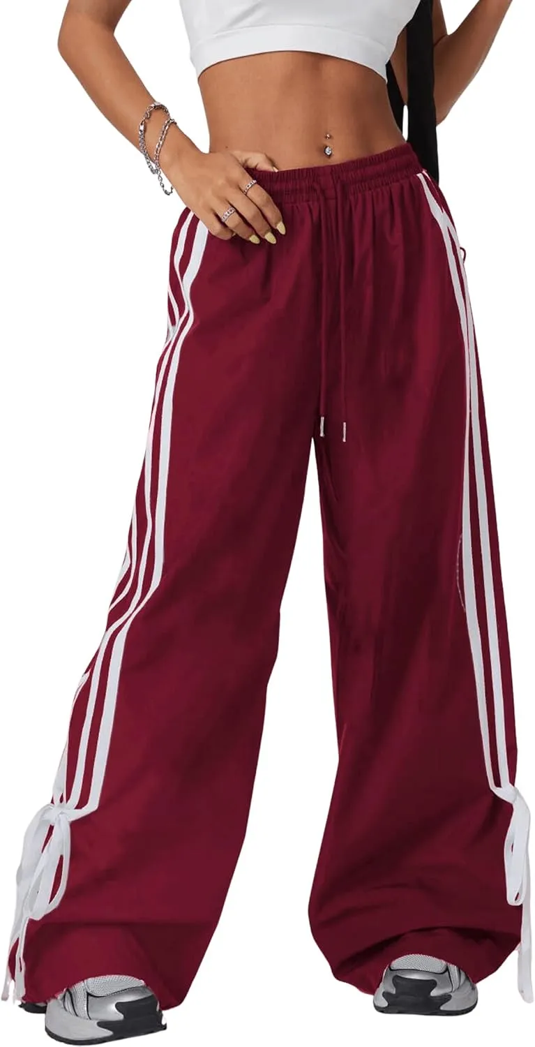 Women's Y2K Baggy Bow Wide Leg Pants Striped Track Elastic Waist Long Sweatpants Parachute Pants