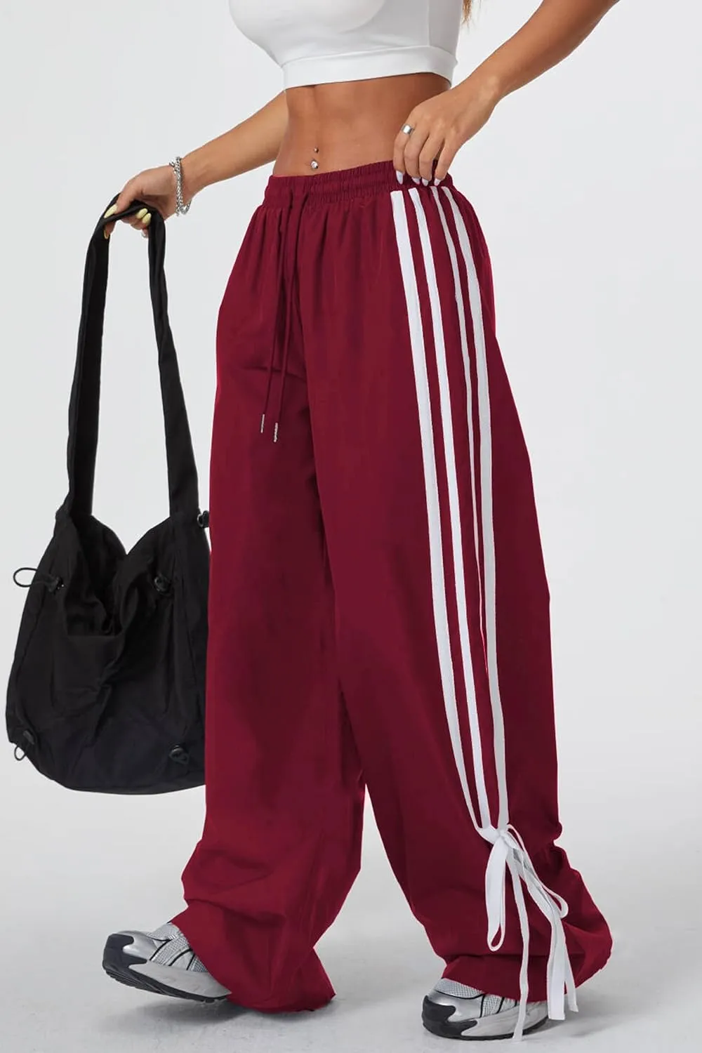 Women's Y2K Baggy Bow Wide Leg Pants Striped Track Elastic Waist Long Sweatpants Parachute Pants