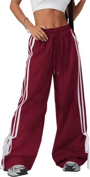 Women's Y2K Baggy Bow Wide Leg Pants Striped Track Elastic Waist Long Sweatpants Parachute Pants