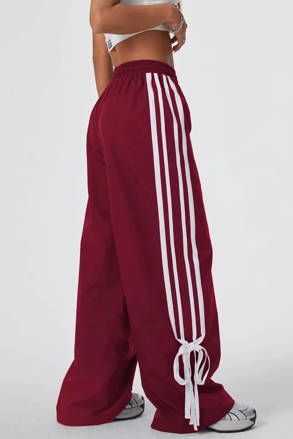 Women's Y2K Baggy Bow Wide Leg Pants Striped Track Elastic Waist Long Sweatpants Parachute Pants