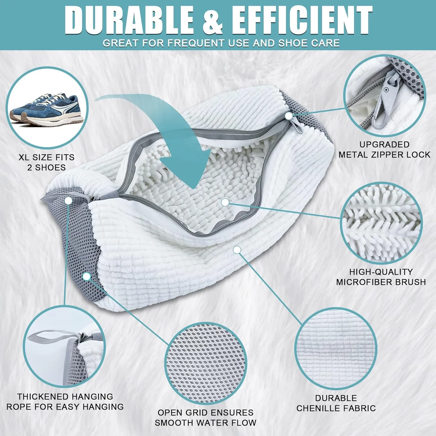 XXL Shoe Washing Machine Bag - 2 Reusable Shoe Cleaning Bags, Shoe Laundry Bag with Zipper Protection Design, 360° Deep Clean for Sneaker Tennis Shoe, Include 2 Shoe Storage Dust Bags (White)