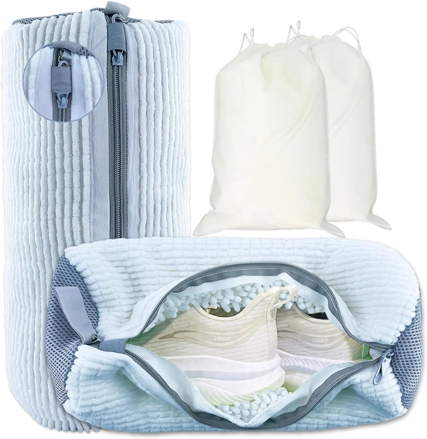 XXL Shoe Washing Machine Bag - 2 Reusable Shoe Cleaning Bags, Shoe Laundry Bag with Zipper Protection Design, 360° Deep Clean for Sneaker Tennis Shoe, Include 2 Shoe Storage Dust Bags (White)