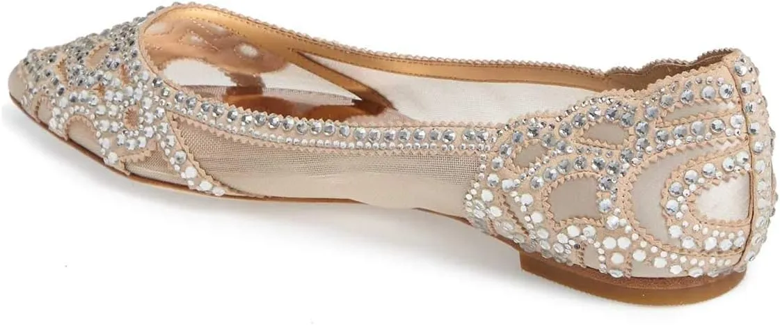 XYD Women Elegant Pointed Toe Rhinestone Flats Mesh Slip-on Crystals Wedding Bride Ballet Shoes