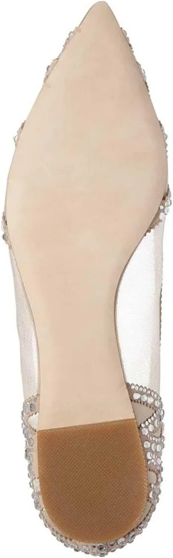 XYD Women Elegant Pointed Toe Rhinestone Flats Mesh Slip-on Crystals Wedding Bride Ballet Shoes